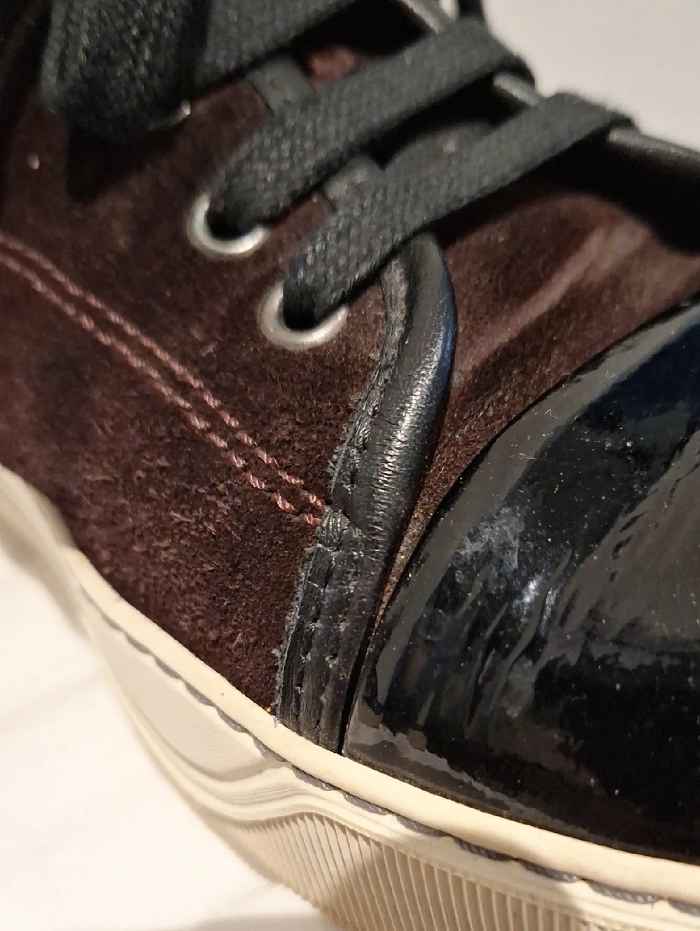 Lanvin Men's Brown Suede and Black Patent Leather Toe Cap Low-Top Sneakers